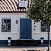 blue wooden door near green tree during daytime